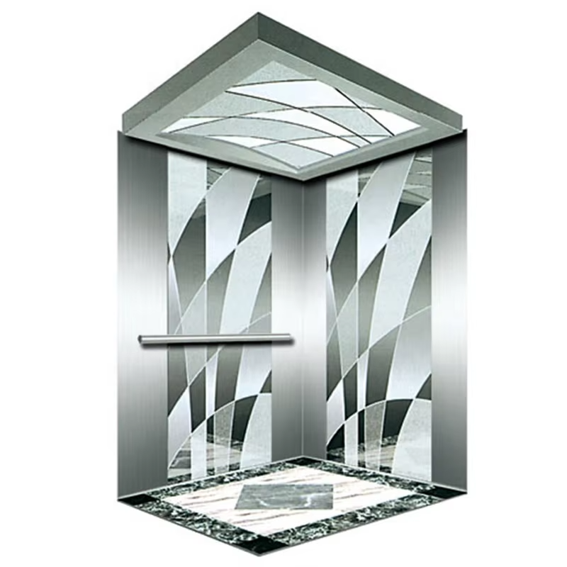Cabine d'ascenseur de passagers VTSP130 pour hôtels avec garniture décorative LED de plafond en acier inoxydable, garantie de 1 an