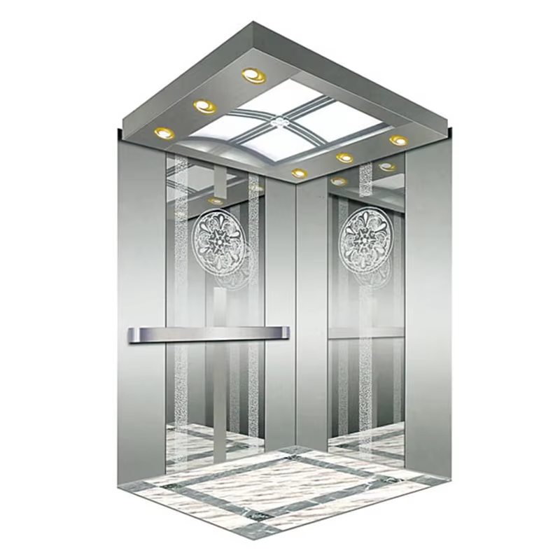 Cabine d'ascenseur de passagers VTSP130 pour hôtels avec garniture décorative LED de plafond en acier inoxydable, garantie de 1 an