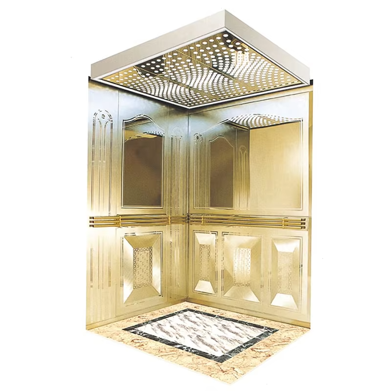 Cabine d'ascenseur commercial moderne VTSP131 avec sol antidérapant à faible bruit en acier inoxydable et panneaux LED