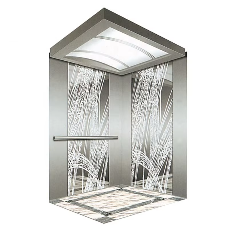 Cabine d'ascenseur commercial moderne VTSP131 avec sol antidérapant à faible bruit en acier inoxydable et panneaux LED