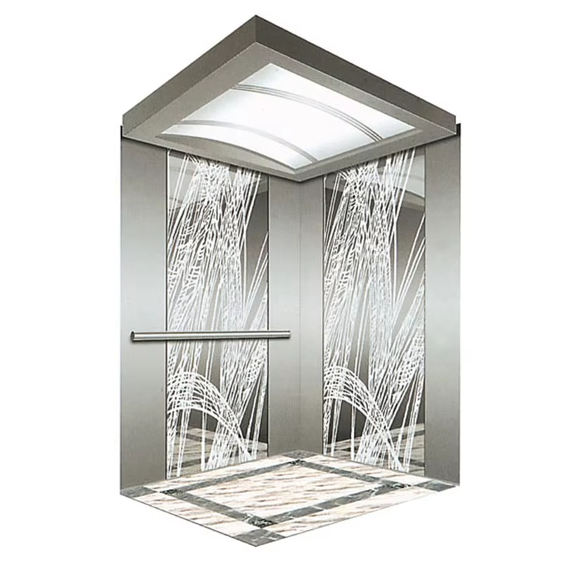 Cabine d'ascenseur commercial moderne VTSP131 avec sol antidérapant à faible bruit en acier inoxydable et panneaux LED