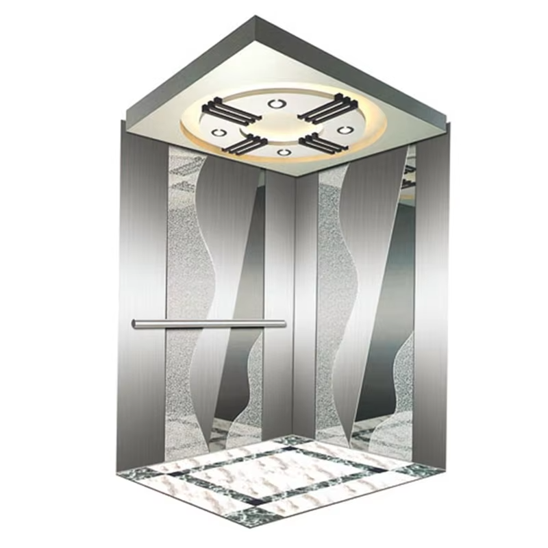 Cabine d'ascenseur commercial moderne VTSP131 avec sol antidérapant à faible bruit en acier inoxydable et panneaux LED